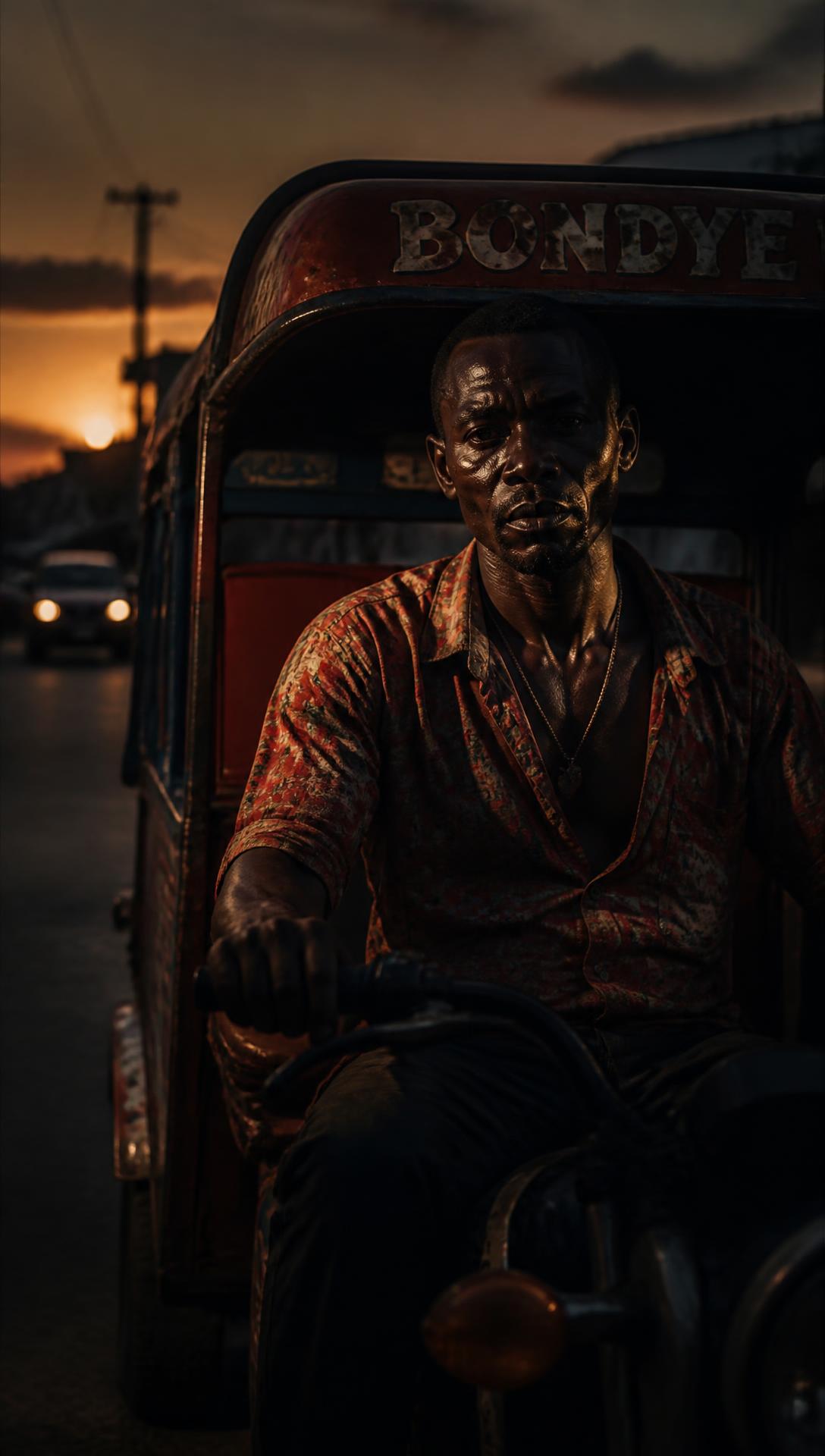 Chauffeur de moto-taxi au crépuscule à Port-au-Prince